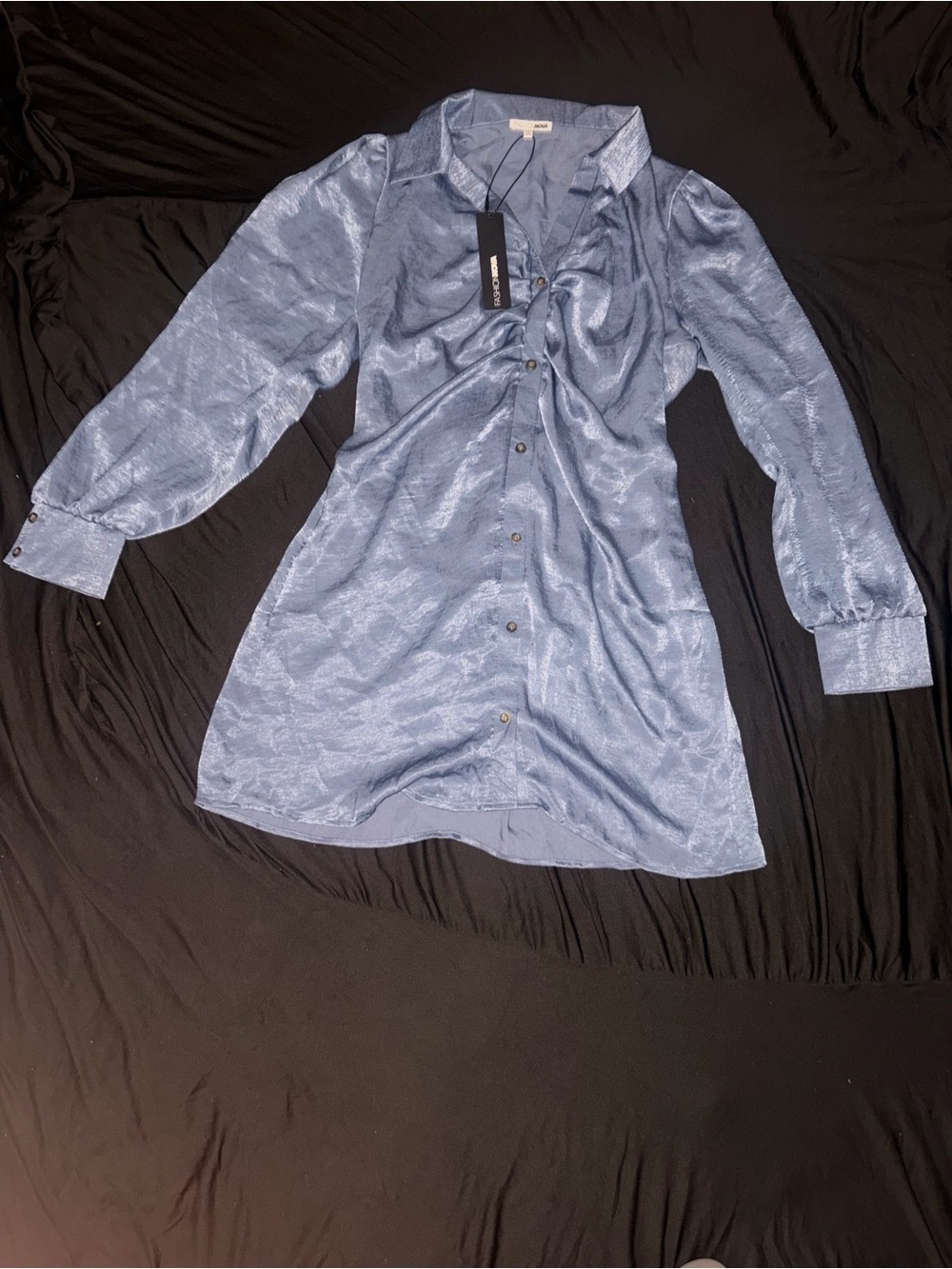 Fashion Nova Shimmery Light Blue Satin Mini Shirt Dress